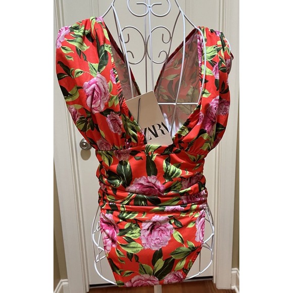 "Zara"Orange Pink Green Floral Flower Tropical Ruched Draped Bodysuit Size M-NWT - Picture 2 of 5
